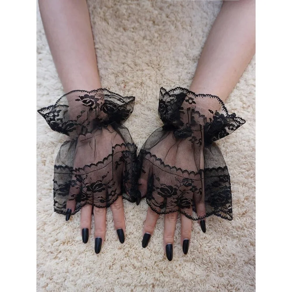 Women's Front Wrist Cuff Floral Lace Bow Wrist Black Solid Bridal Prom Gloves